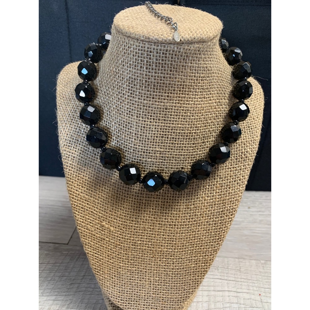 EsMor Chunky Black Faceted Bead Necklace Silver Tone Adjustable Clasp 16 Inch